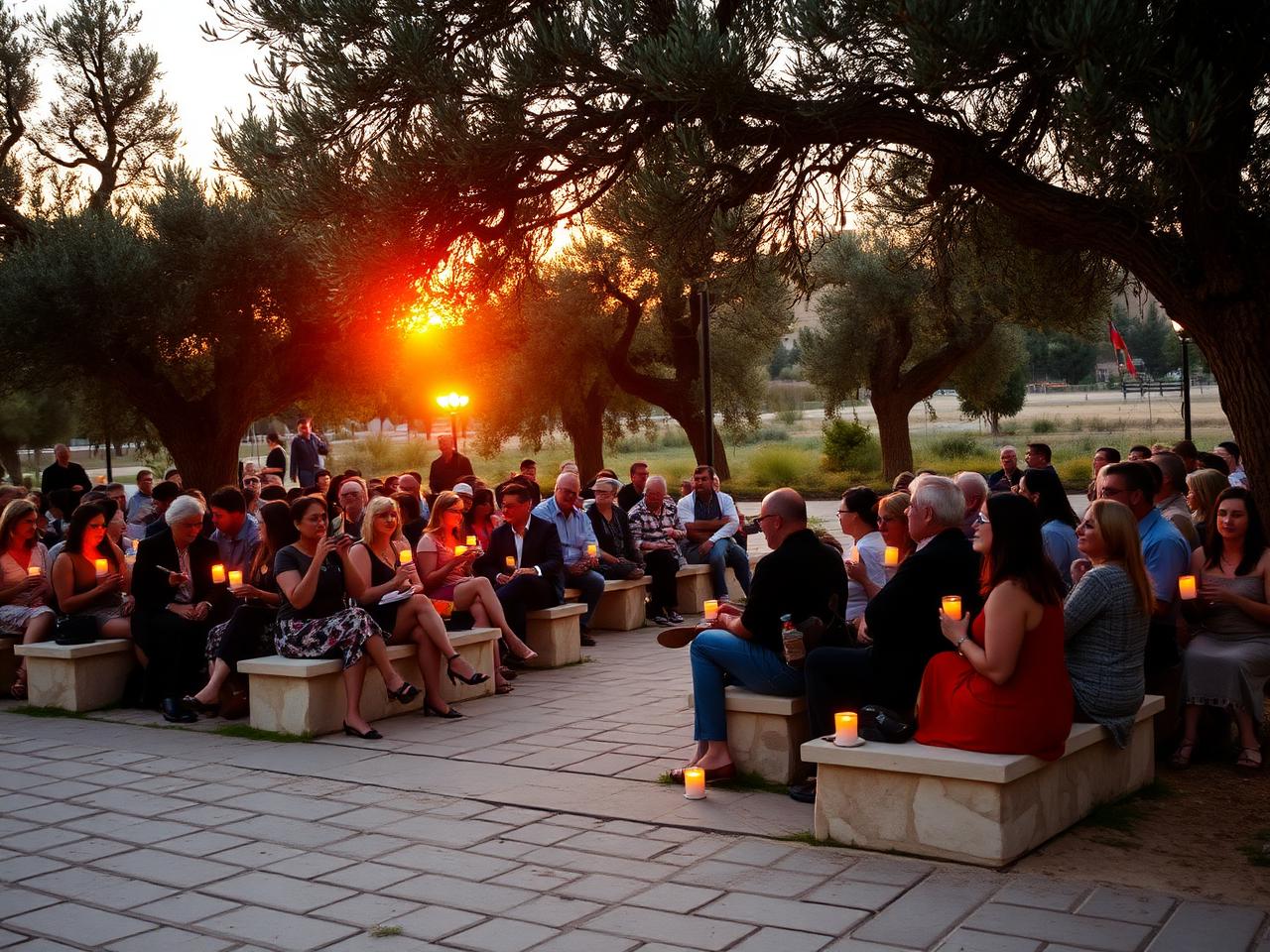 Audience seated under olives at sunset with candles