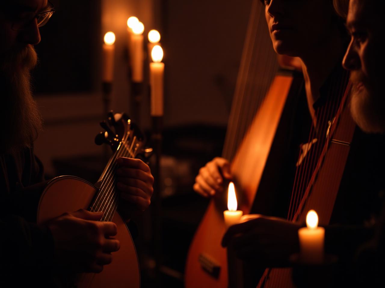 Musicians playing oud and drum by candlelight