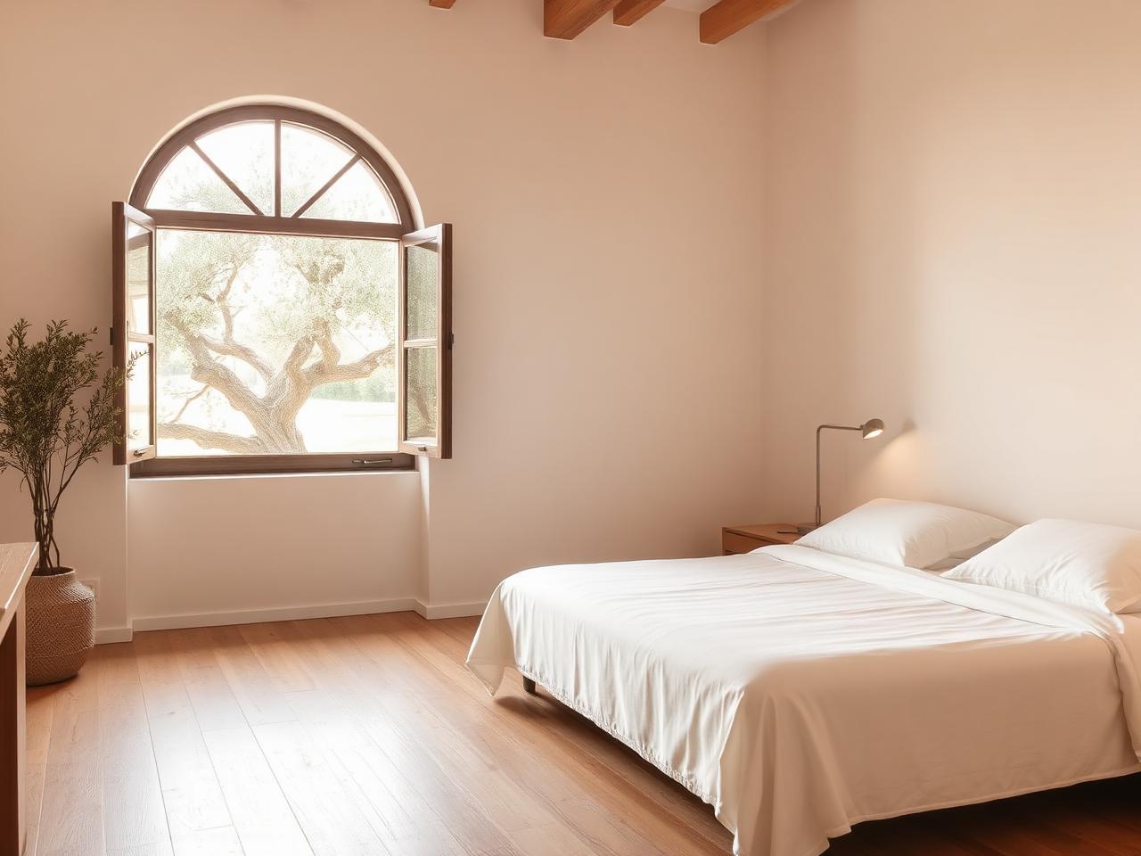 Guest room with arched window