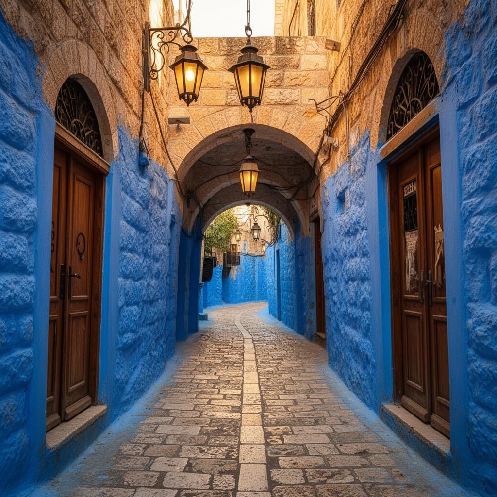 Iconic blue-painted alleyway in the Old City of Tzfat with lanterns and ancient wooden doors