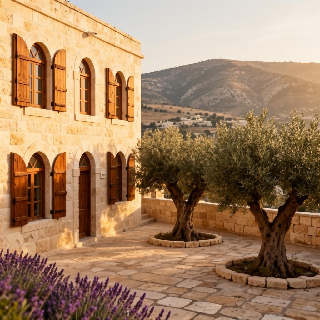 Historic Jerusalem-stone building in Tzfat with arched windows, wooden shutters and an olive-tree courtyard
