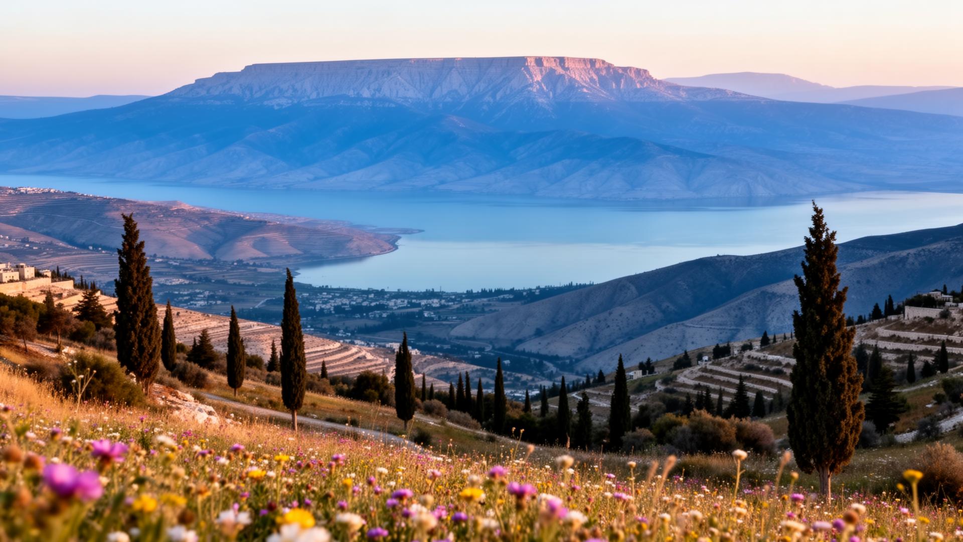 Sweeping view from a Tzfat hillside overlooking the Sea of Galilee with the Golan Heights rising beyond, wildflowers and cypress trees in the foreground