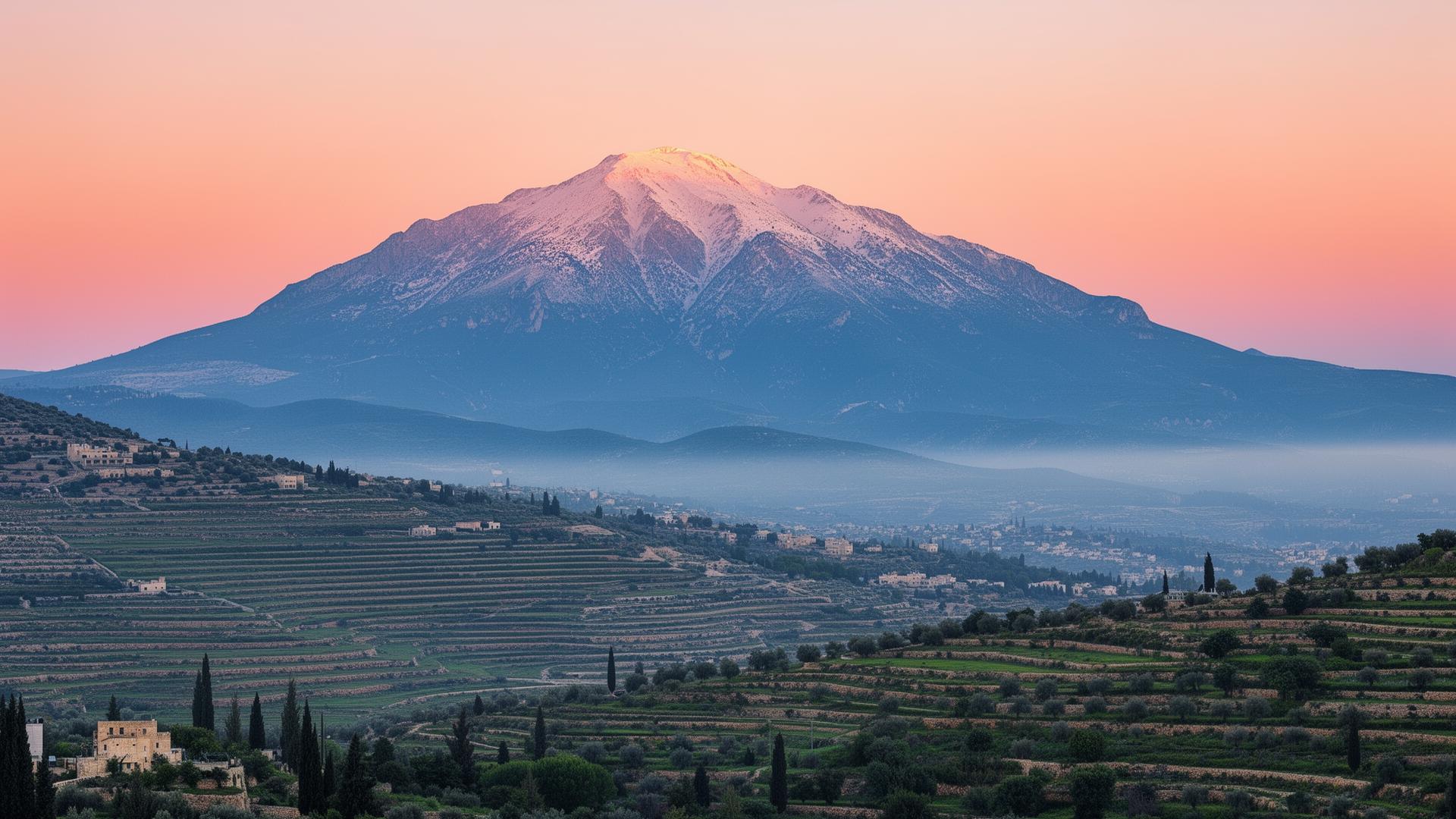 Snow-dusted Mount Meron rising above the green terraced hills of the Galilee at sunrise