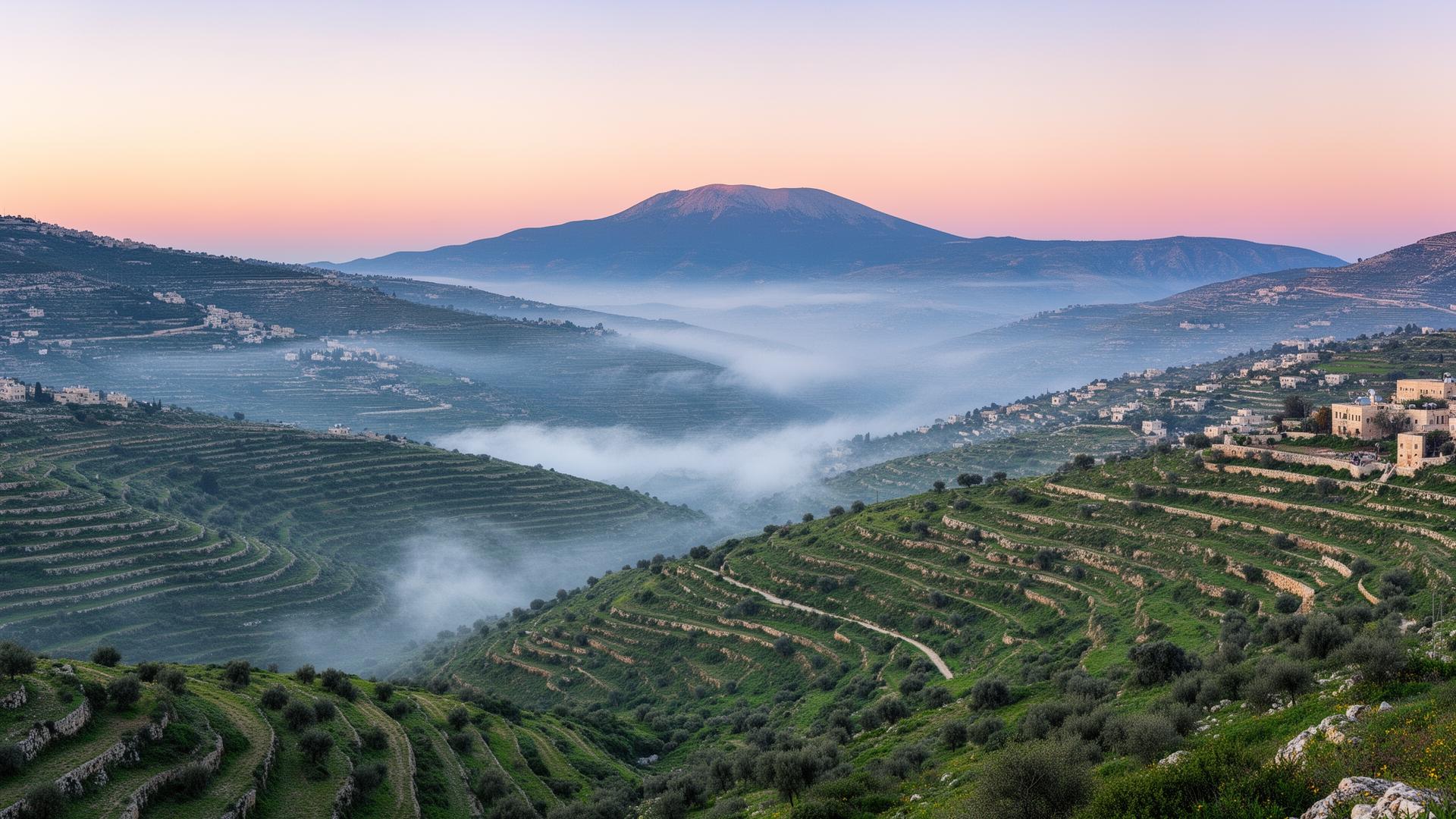 The Galilee mountains around Tzfat at dawn, with Mount Meron in the distance and mist drifting through terraced valleys