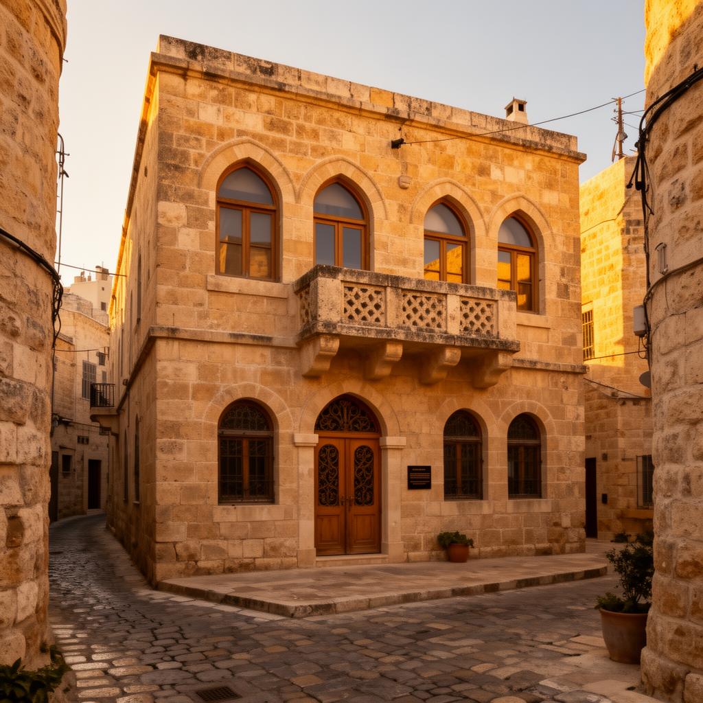 The historic Ottoman-era Jerusalem-stone building of the former Israel Bible Museum in the Old City of Tzfat, with arched windows and a wooden door