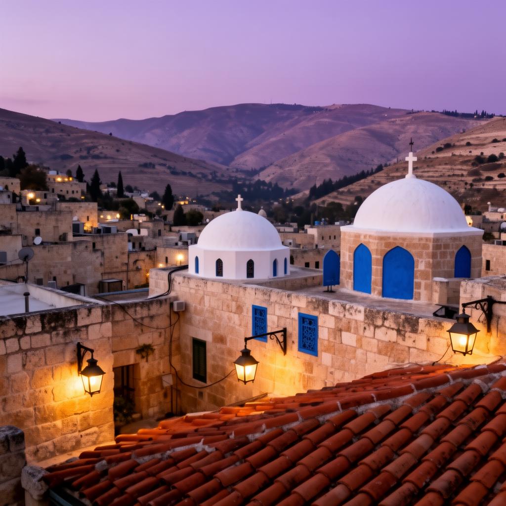 Tzfat Old City rooftops at twilight with terracotta tiles, white domes and blue-painted shutters, with the Galilee mountains fading into dusk behind