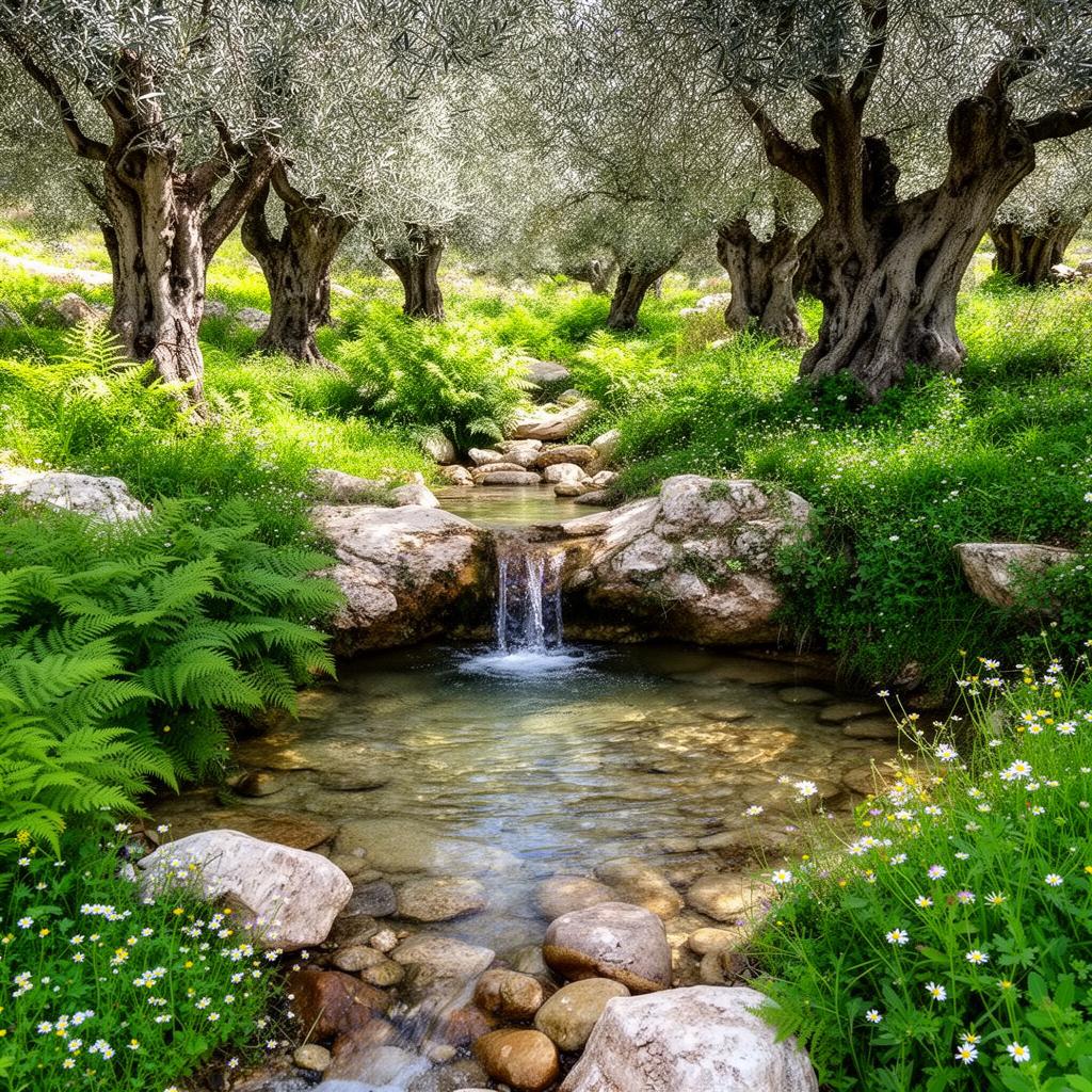 A clear natural mountain spring near Tzfat flowing into a stone pool surrounded by ferns, wildflowers and ancient olive trees