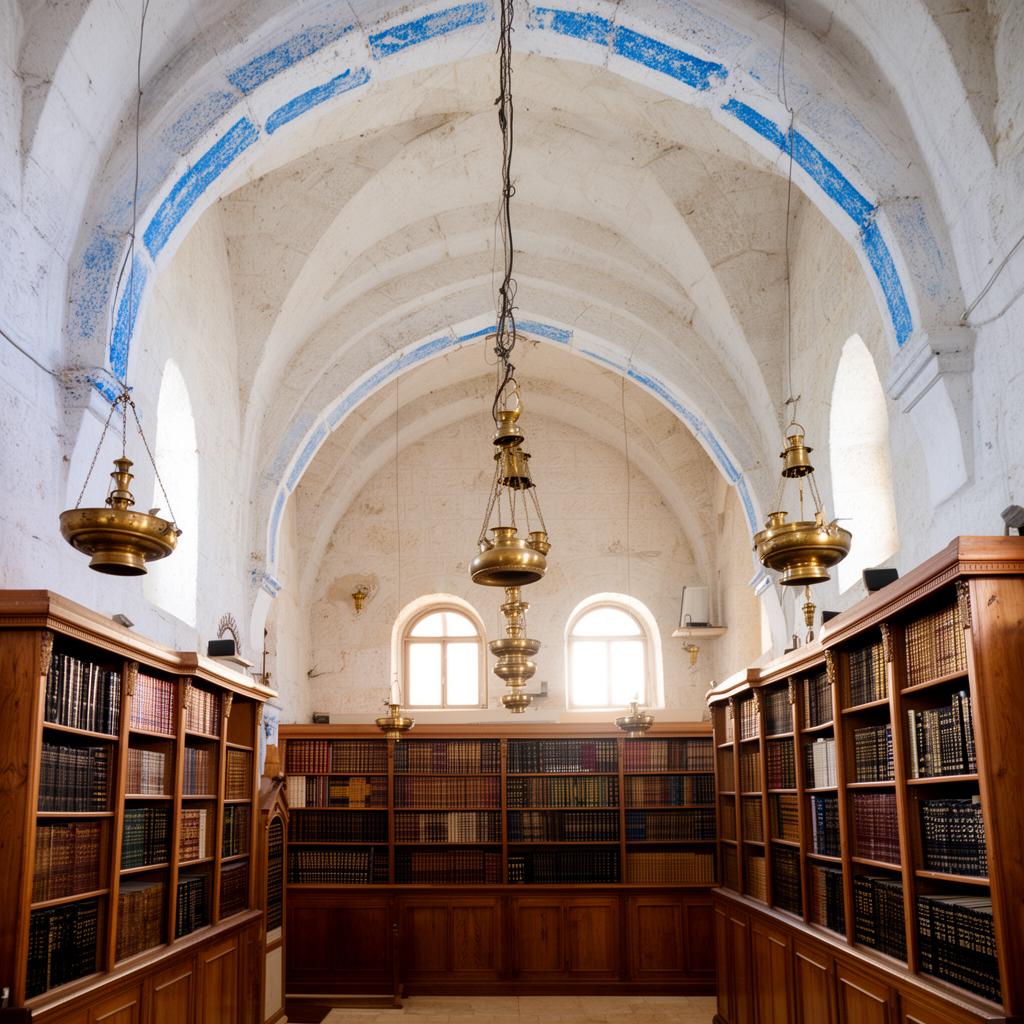 Interior of an ancient Tzfat synagogue with vaulted white stone arches, blue accents, hanging brass oil lamps and shelves of Hebrew sefarim