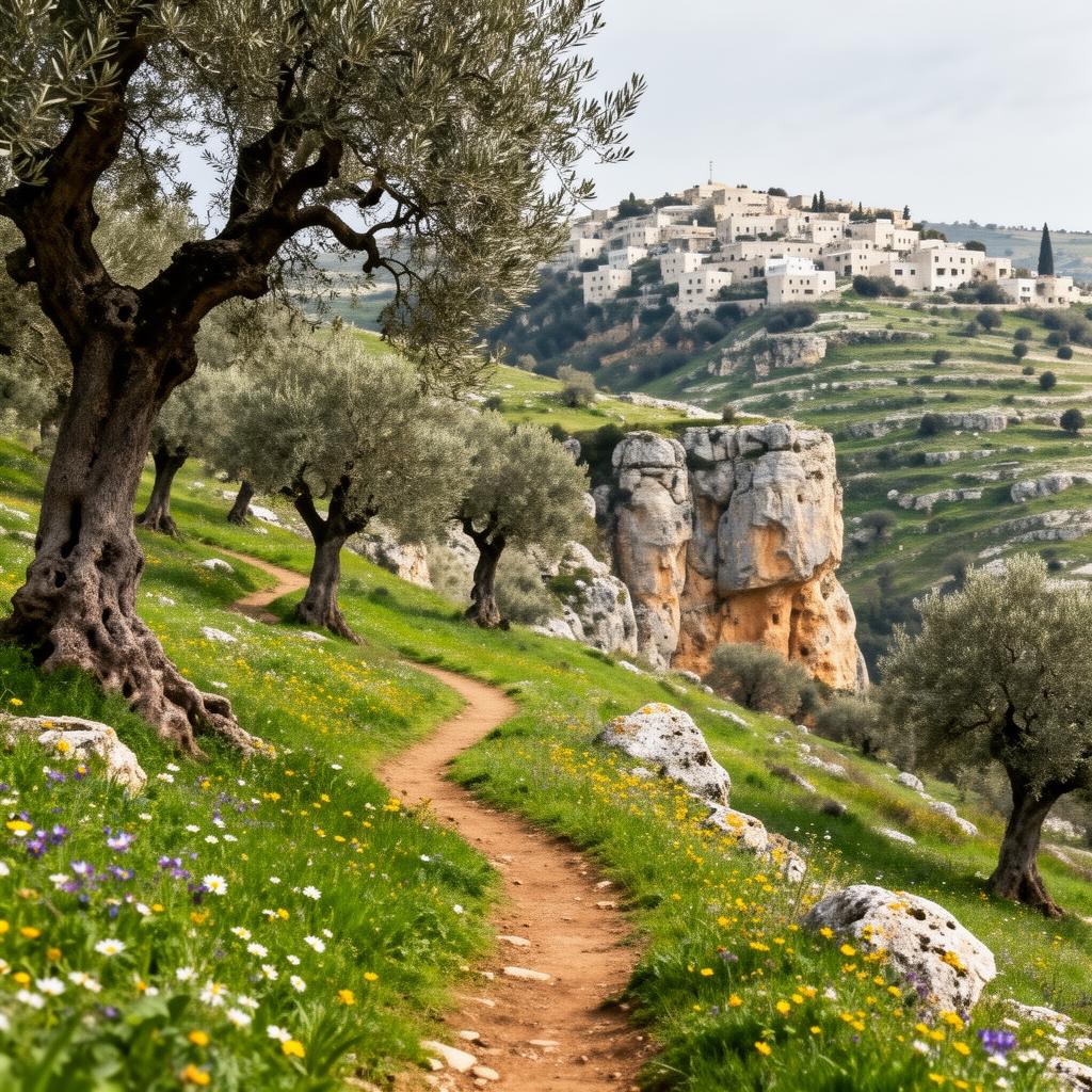 A hiking trail winding through olive groves and wildflowers in the Galilee mountains near Tzfat, with a white-stone village on the far ridge